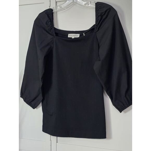 White + Warren Square Neck Poplin Tee Puff Sleeve Top in Jet Black Size Small - Picture 3 of 5